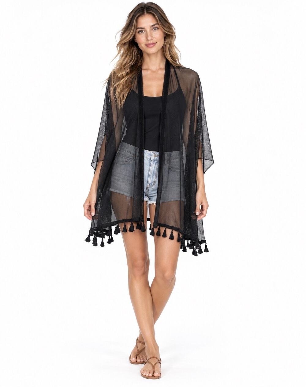 NWT Lulus Sheer Black Tasseled Versatile Shawl Scarf Sarong Cover-Up